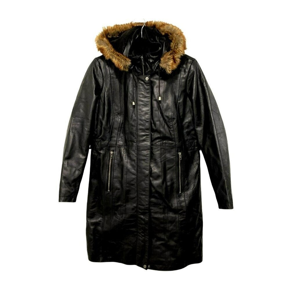 New Decrum Black Real Leather Long Coat W/ Faux Fur Hood Size Large